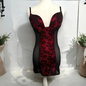 Y2K Elegant Red and Black Lace Chemise Lace Up Lingerie Slip S  Goth Punk Vampy